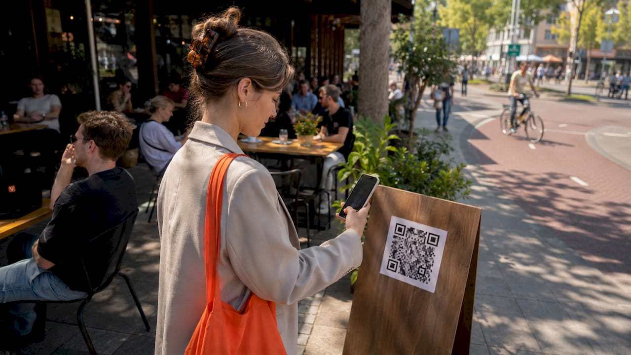 Woman scanning QR code at urban tram stop
