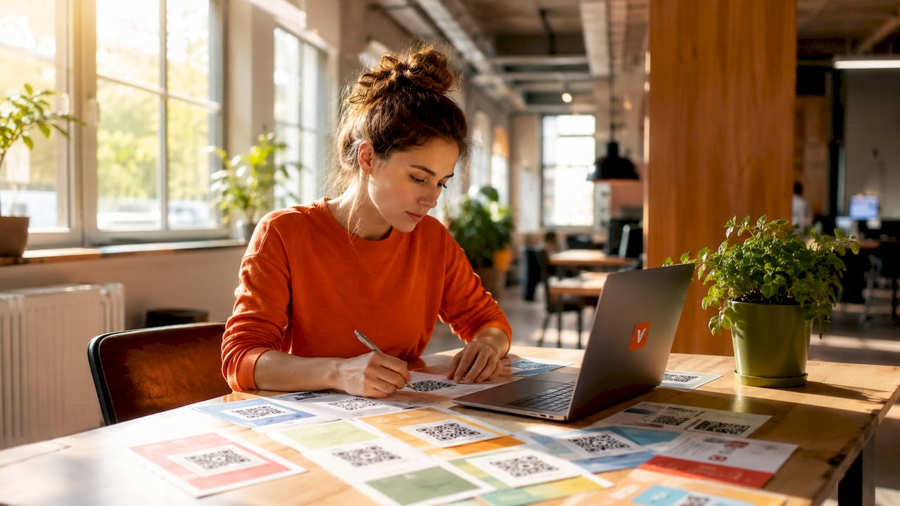 Iemand typt op zijn laptop, terwijl er geprinte QR-codes naast hem op tafel liggen.
