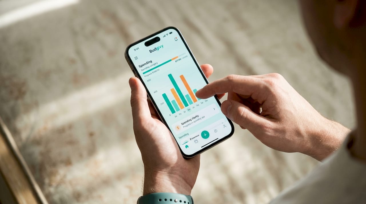 Een hand houdt een smartphone vast waarop een budgetapp geopend is.