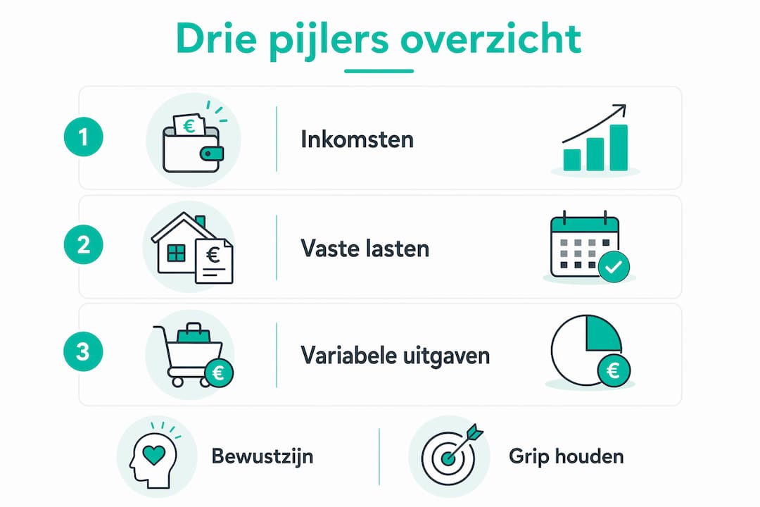 Infographic die de drie belangrijkste bouwstenen van financieel inzicht laat zien, vormgegeven als opeenvolgende stappen in een verticale lijn.