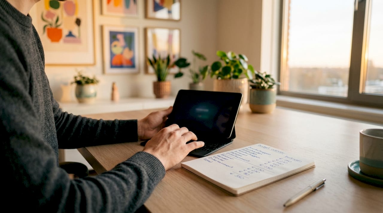 A hand scrolls through a budget dashboard on a tablet, with a notebook lying next to it.