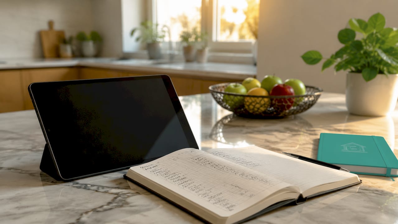 Een tablet waarop een overzichtelijke budgetgrafiek te zien is, naast een doorzichtige portemonnee.