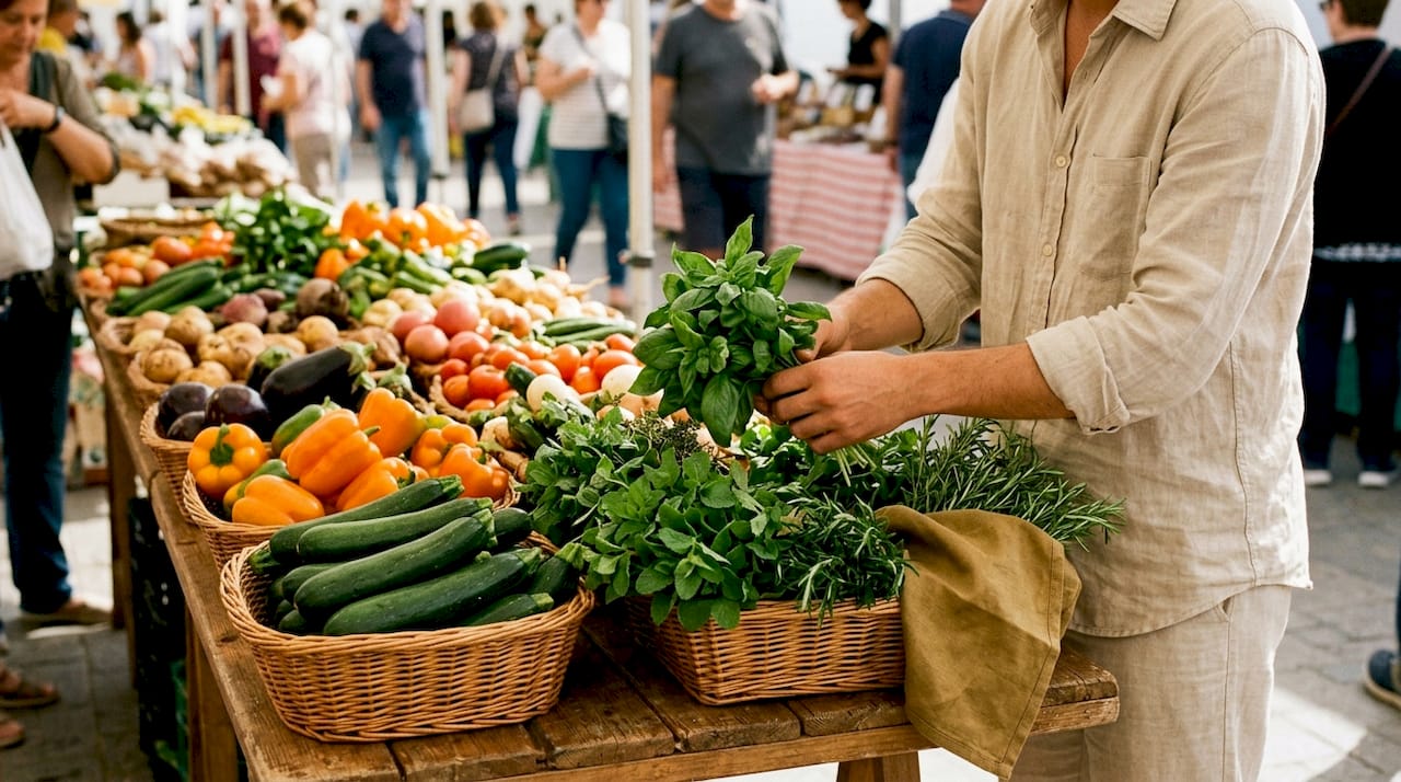 Fresh Mediterranean vegetables and fish at market