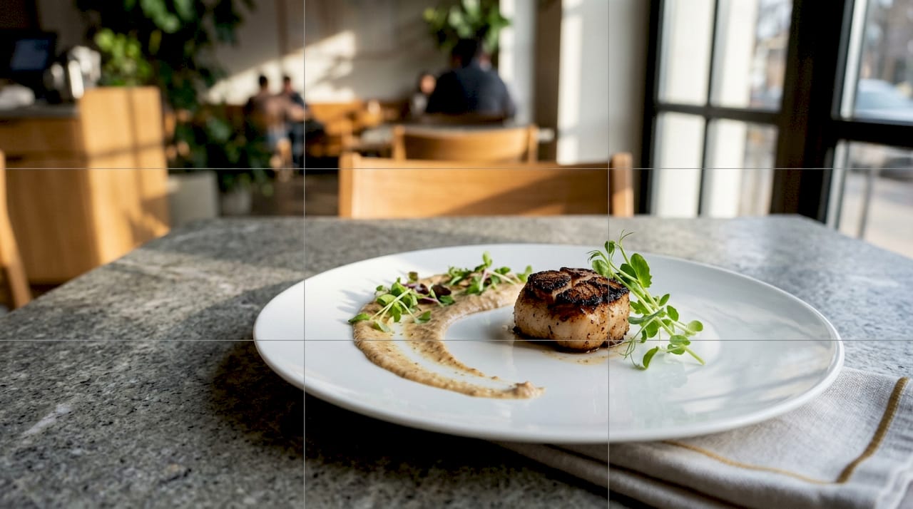 Overhead view of plated dish illustrating rule of thirds
