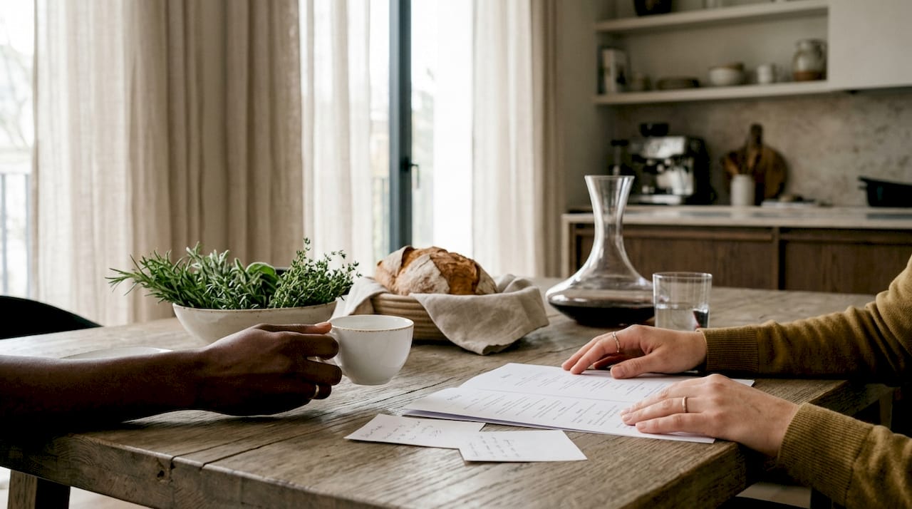 Hands reviewing menu proposals for chef booking