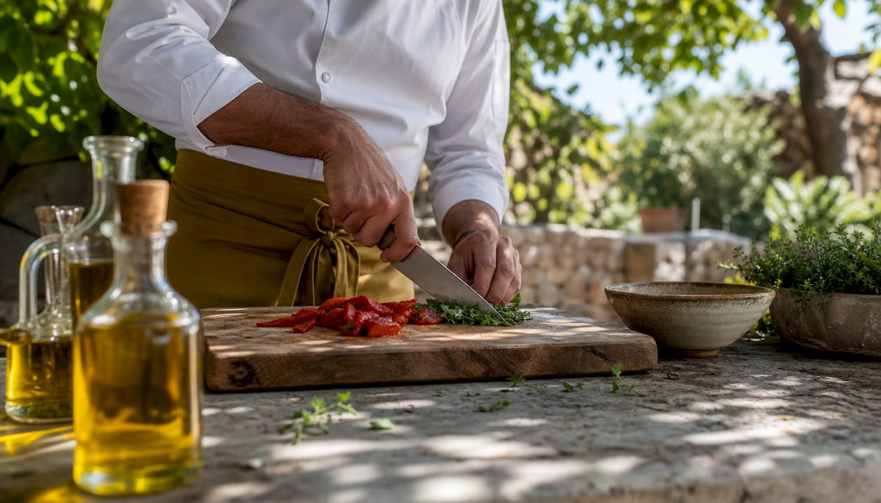 Chef preparing fresh Andalusian ingredients on wooden counter