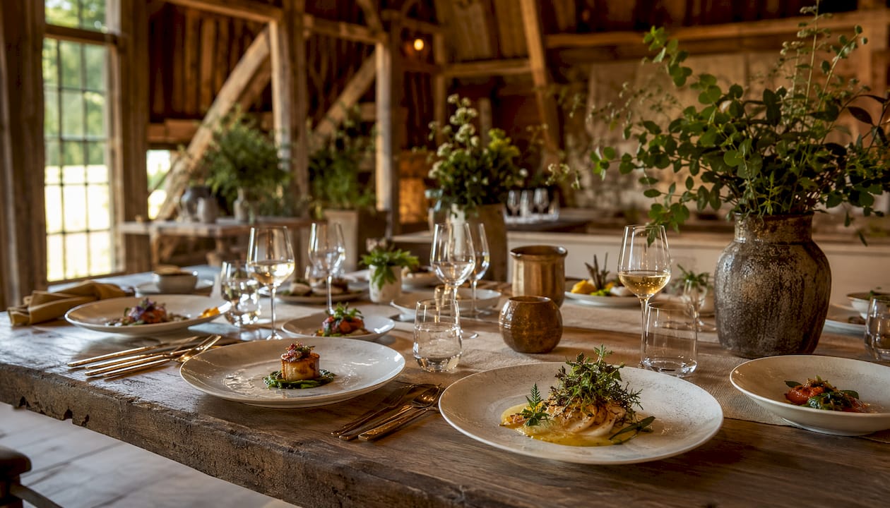 Sunlit outdoor table with gourmet tasting menu