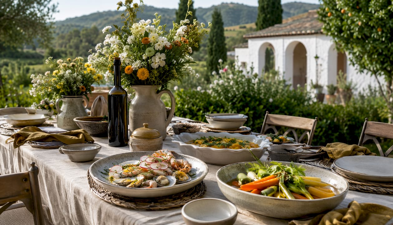 Andalusian villa courtyard table with refined dish and olive oil