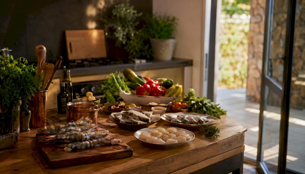 Luxury kitchen countertop with chef mise-en-place prep