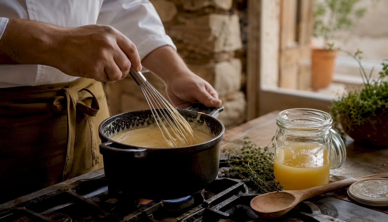 Chef whisking beurre blanc sauce in copper pan