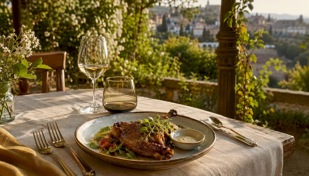 French duck confit dish on terrace table in Granada