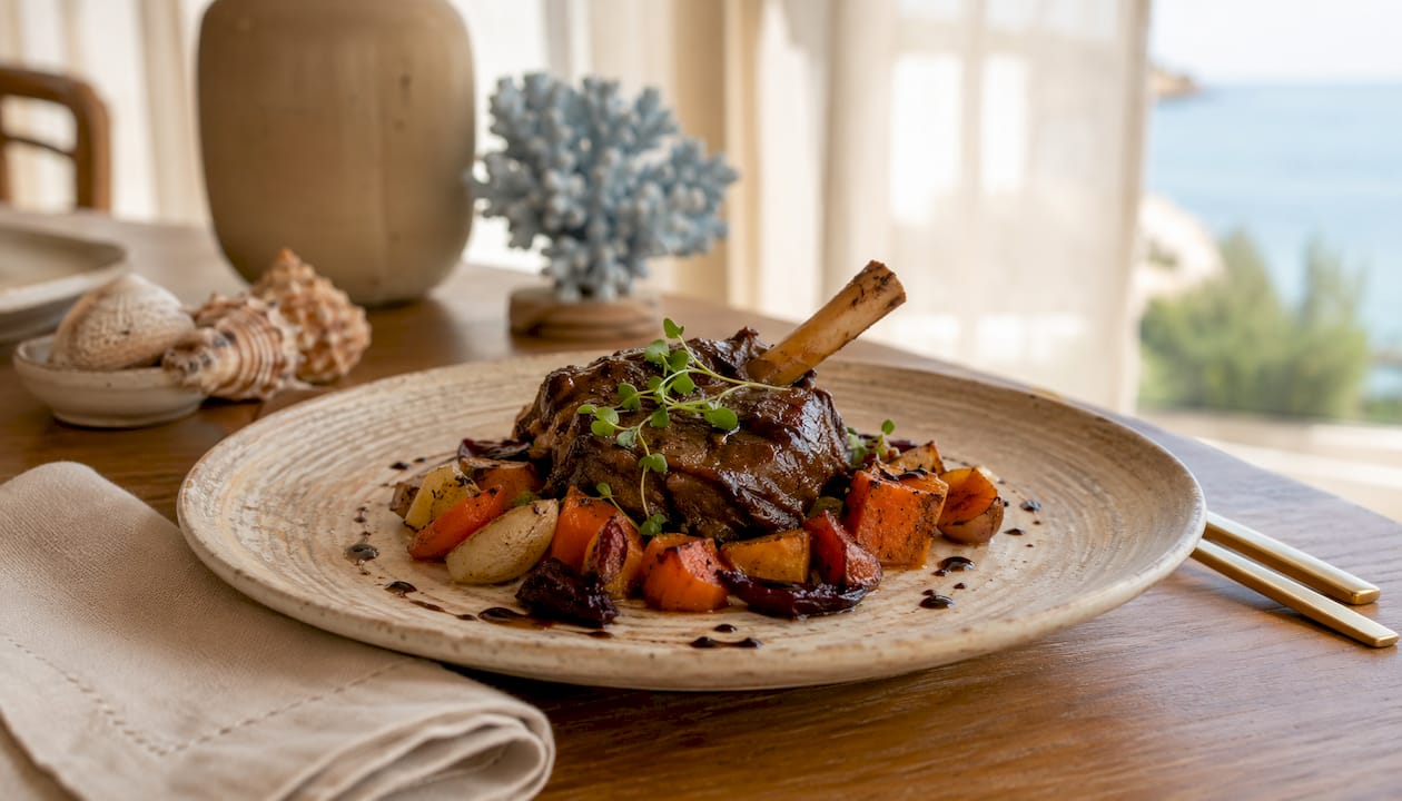 Italian osso buco dish plated in villa dining room