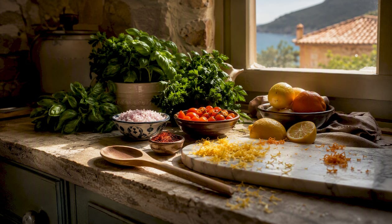 Fresh mise en place ingredients on kitchen counter