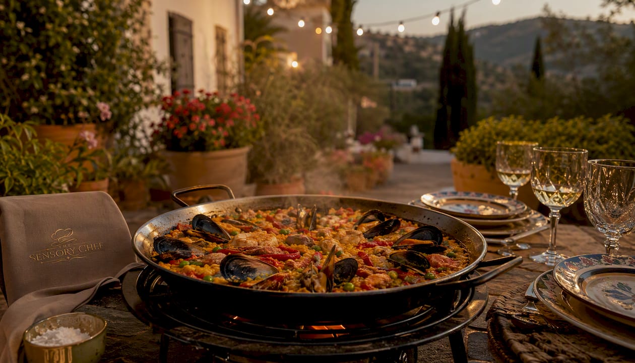 Paella cooking at luxury villa outdoor dining