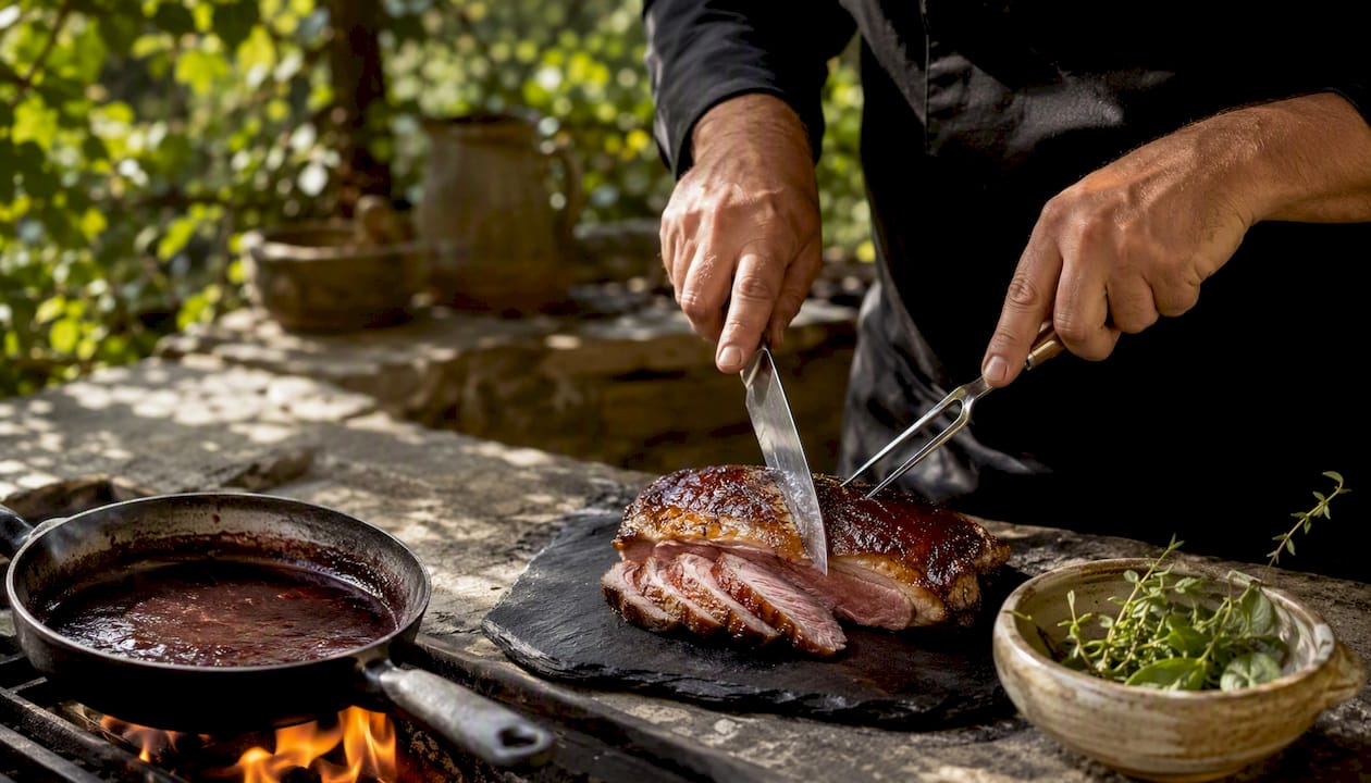 Hands carving roasted duck with red wine sauce