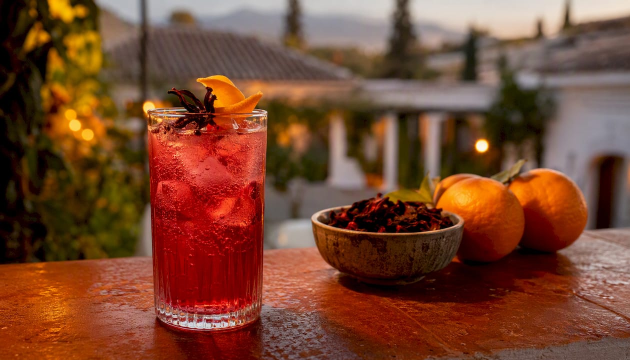 Hibiscus and orange shrub soda cocktail in highball glass