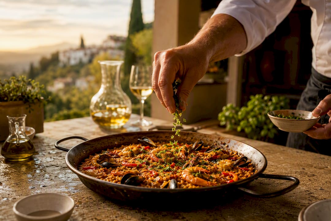 Chef hands finishing a paella dish on villa terrace kitchen