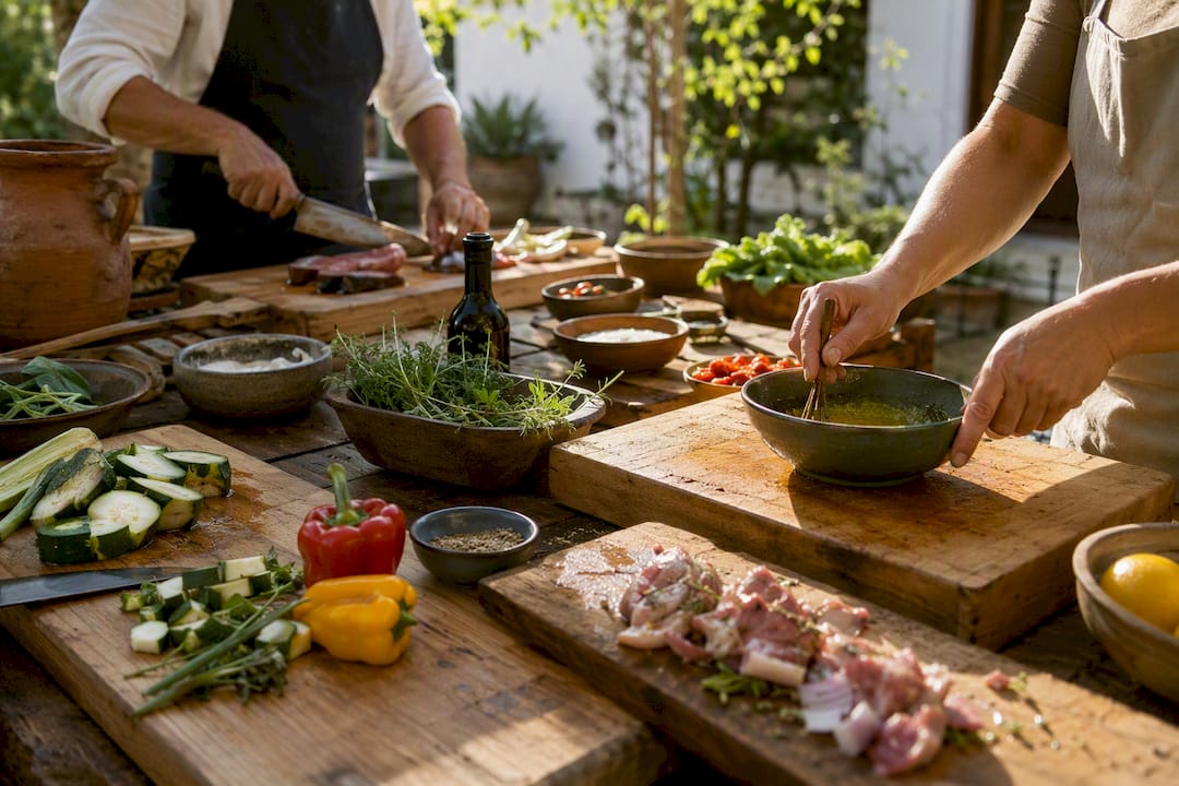 Multiple cooking stations with segmented prep boards