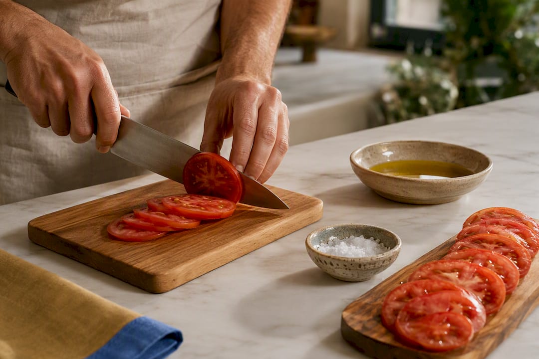 Hands slicing tomatoes for tapas
