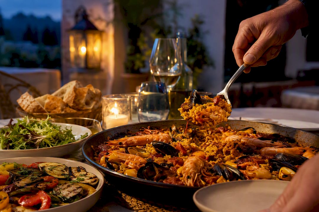 Seafood and chorizo paella prepared for sharing