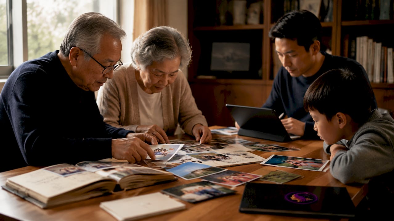 Family organizing photos and memories around table