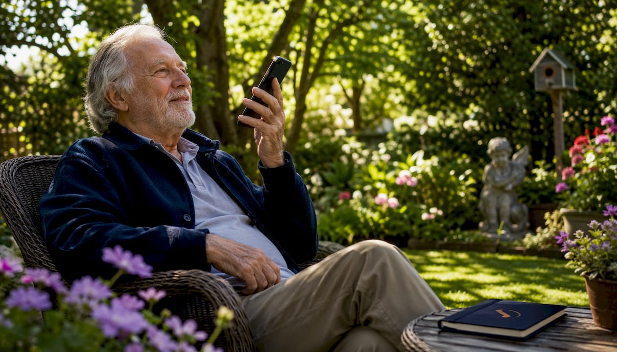 Elderly man listening to voice memory on smartphone