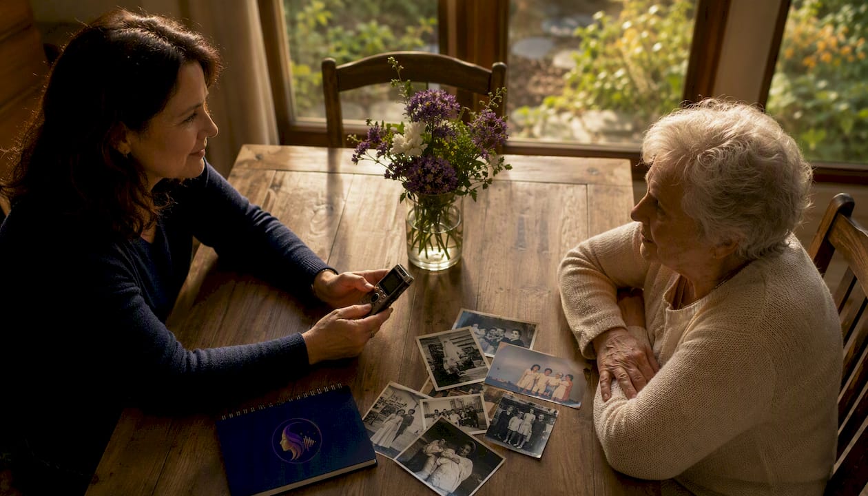 Woman recording elderly mother's voice at home