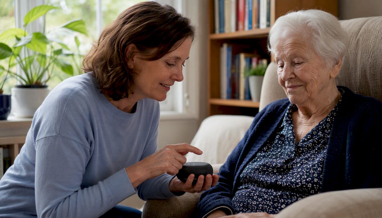 Caregiver playing voice message to elderly patient