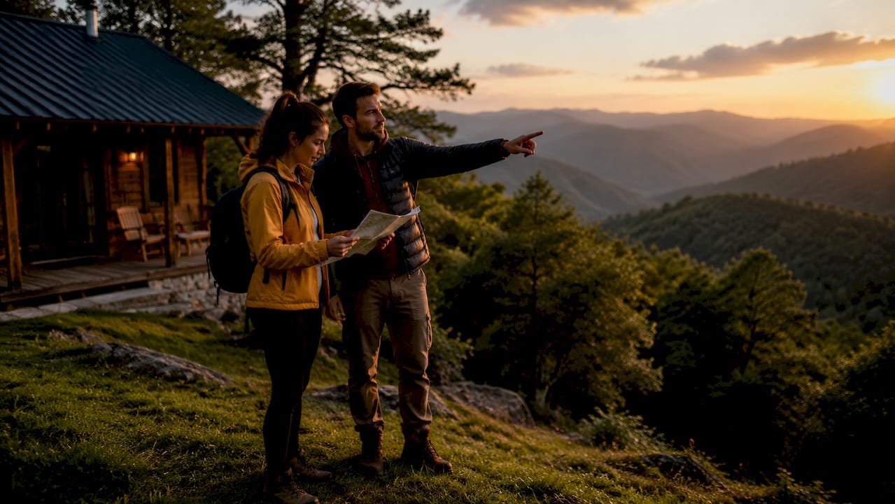 Vacationers evaluating cabin location near attractions