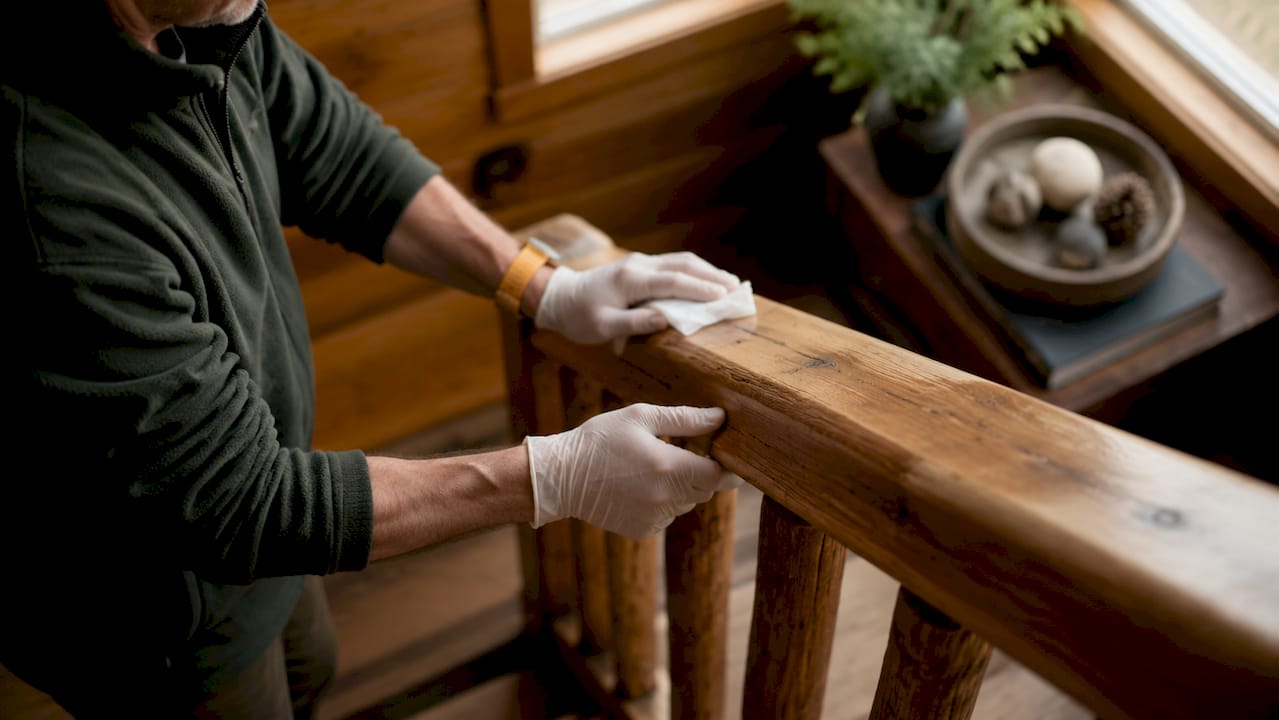 Hands disinfecting cabin door handle