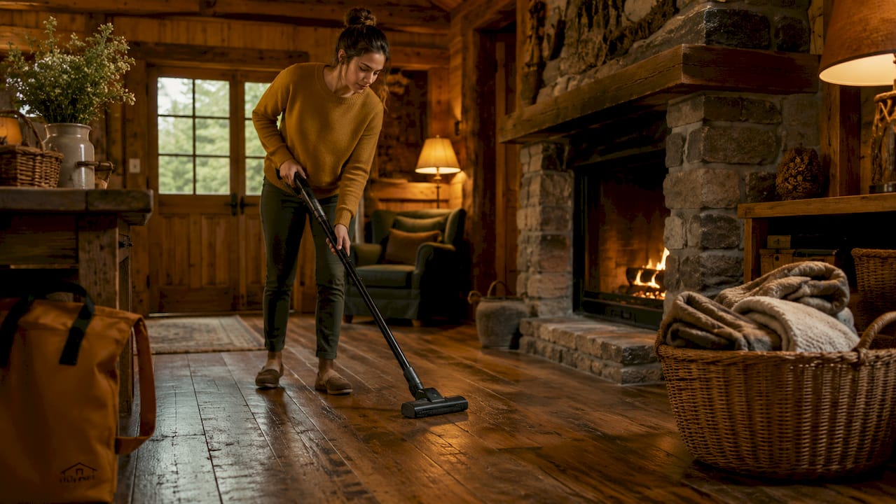 Host cleaning cabin living room floor