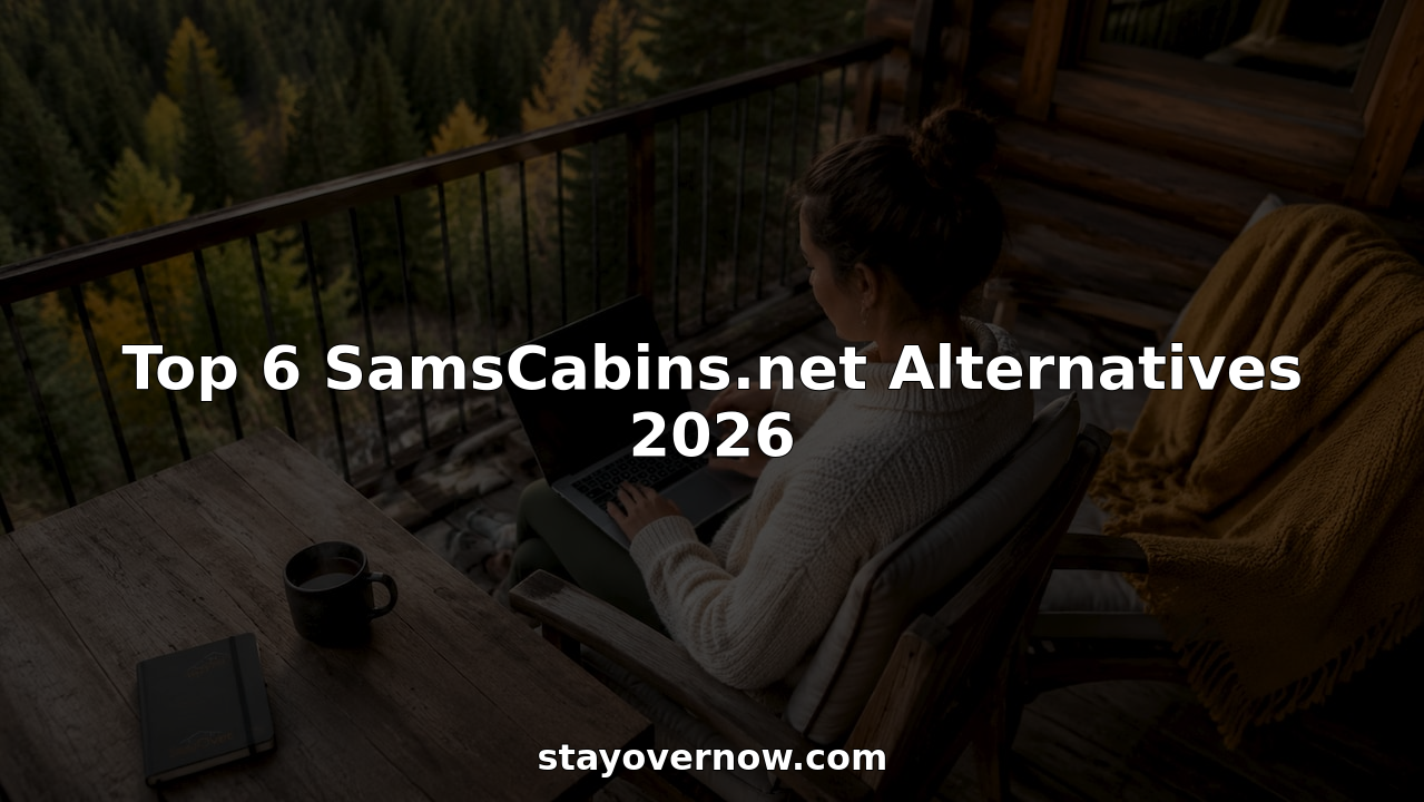 Woman researching cabin rentals on laptop in cozy cabin