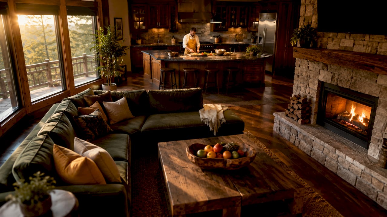 Cabin living room and kitchen with indoor pool
