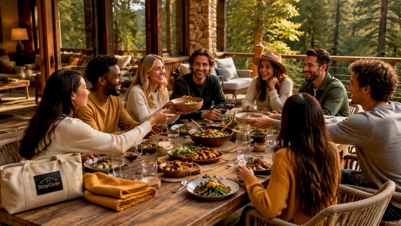 Group enjoying meal inside rustic cabin