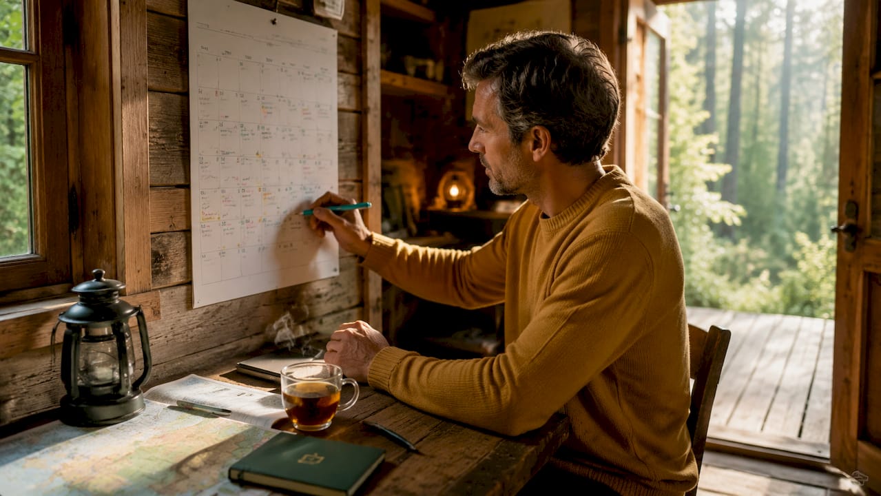 Man marking cabin booking dates on calendar