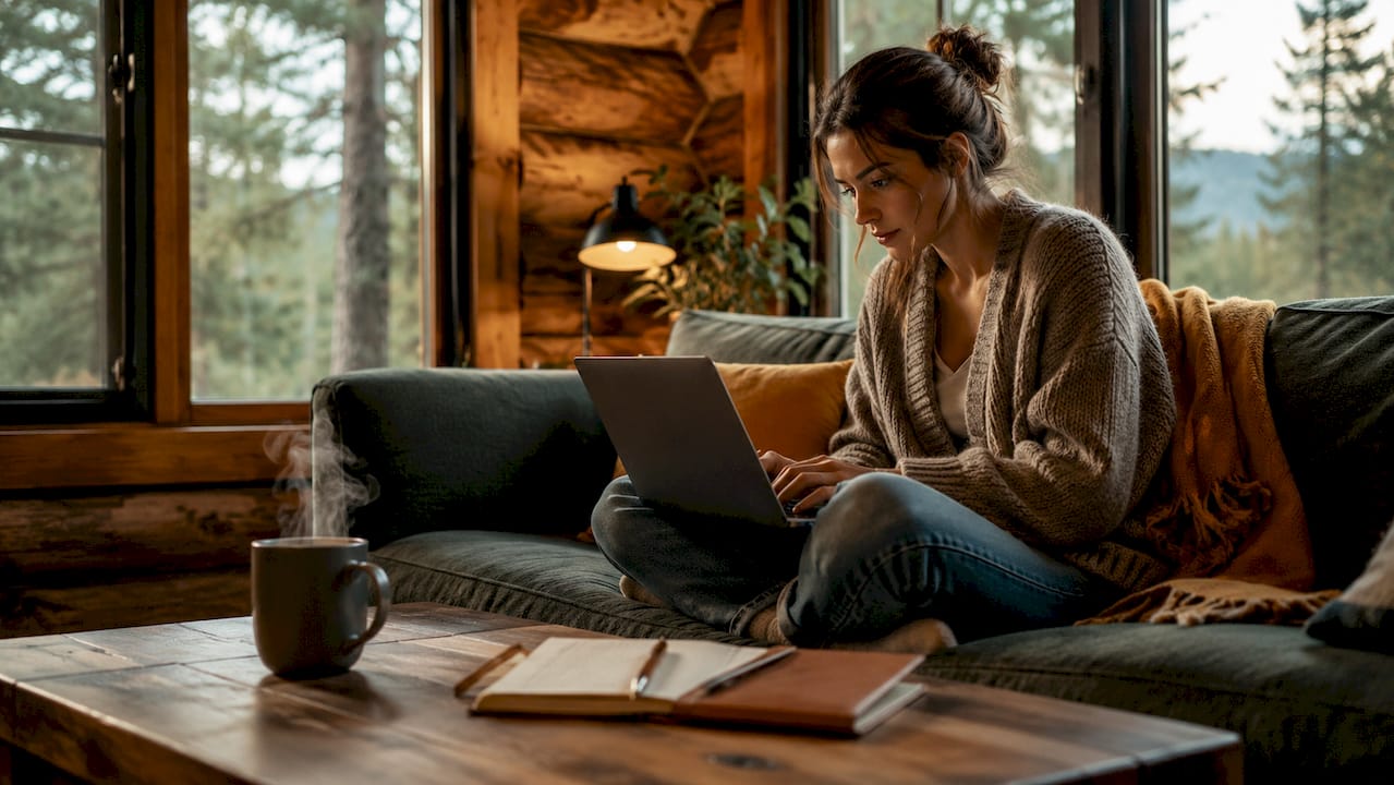 Traveler booking cabin rental online at home
