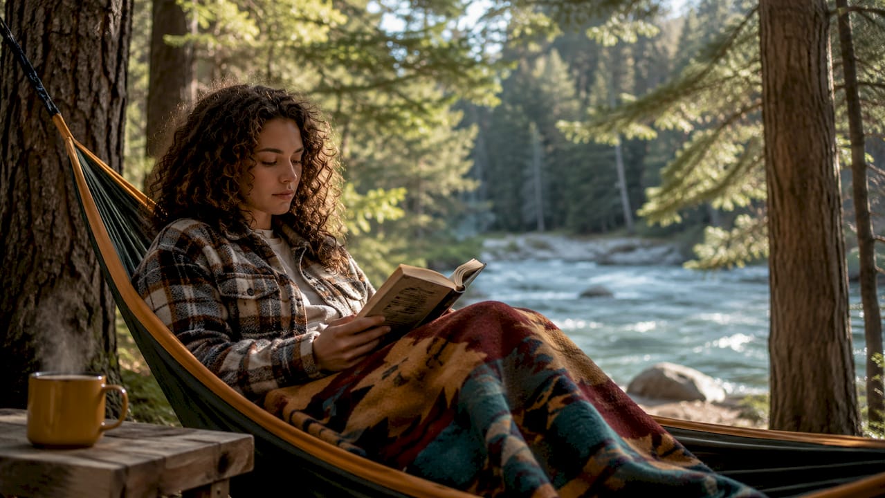 Woman on cabin porch enjoying forest view