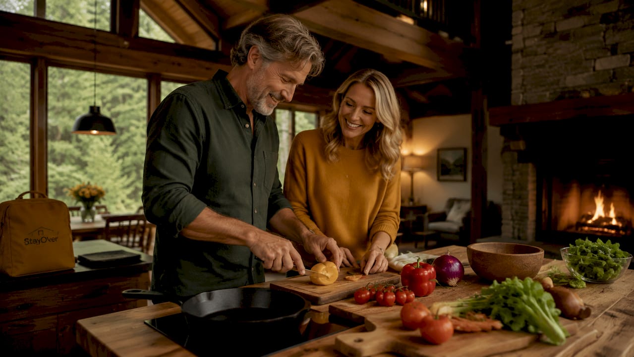 Couple cooking in rustic cabin kitchen
