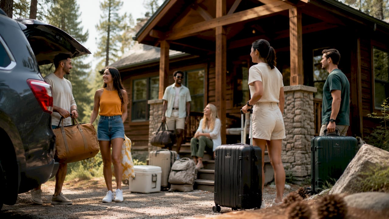 Group arriving at rustic bunkhouse cabin surrounded by trees
