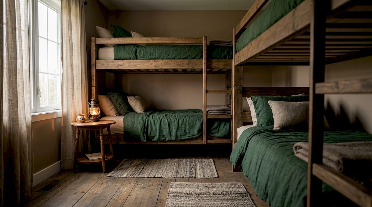 Interior bunkhouse room with triple bunk beds and natural light