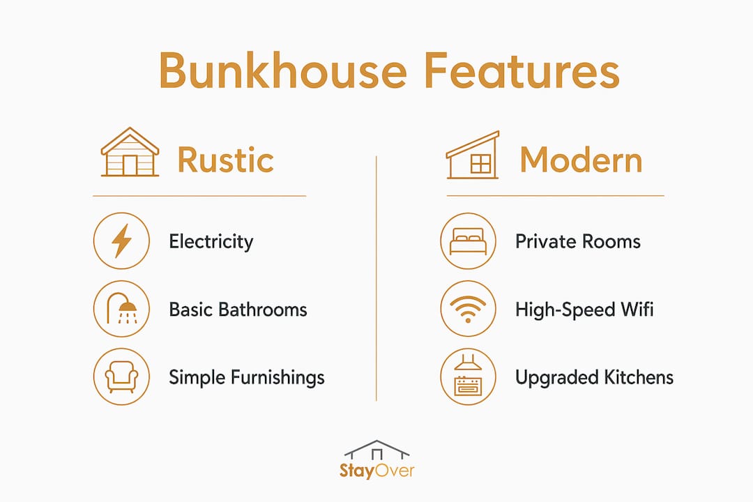 Infographic comparing rustic and modern bunkhouse features