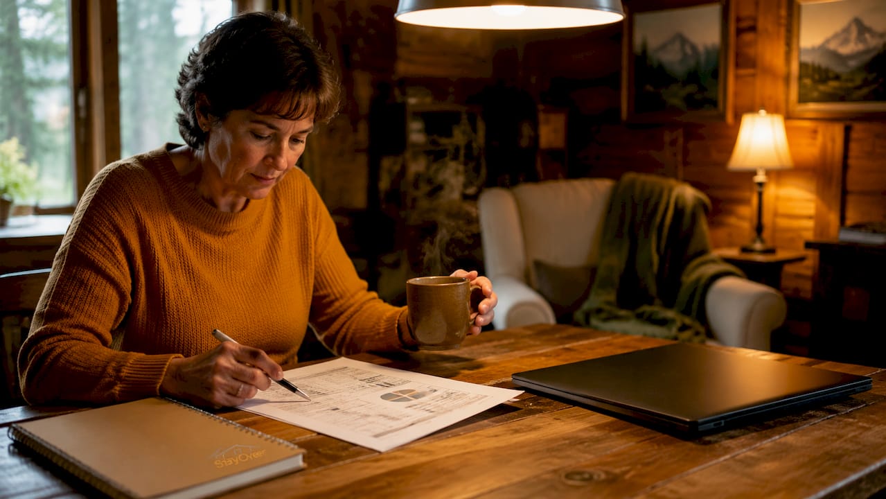 Person calculating group cabin trip budget