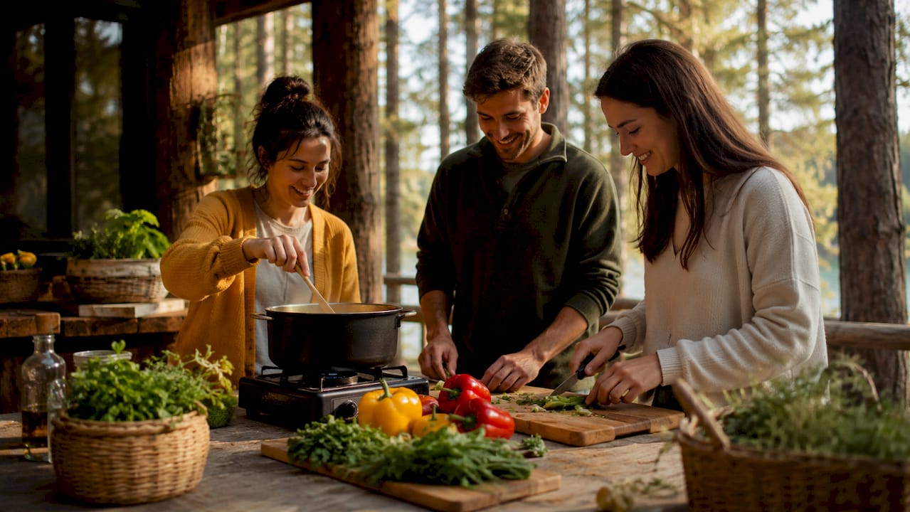 Group cooking meal together in cabin kitchen