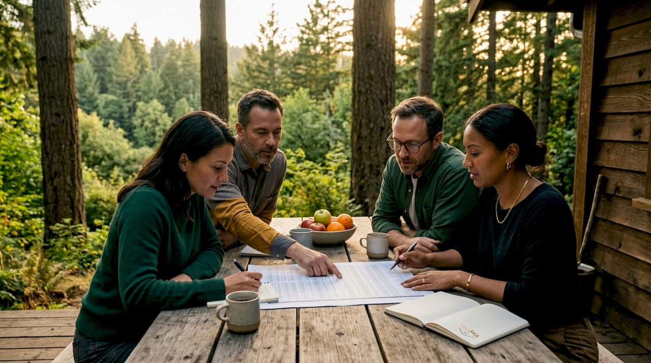 Group planning budget spreadsheet in cabin