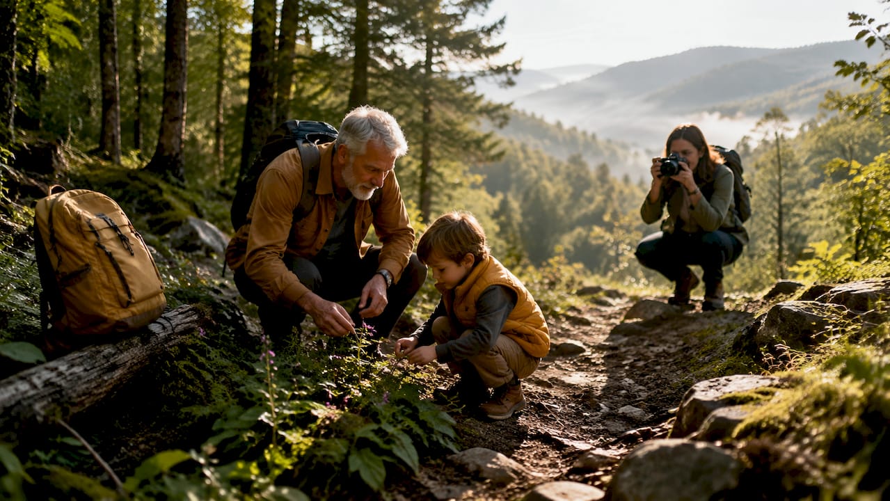 Multigenerational family crossing creek footbridge outdoors