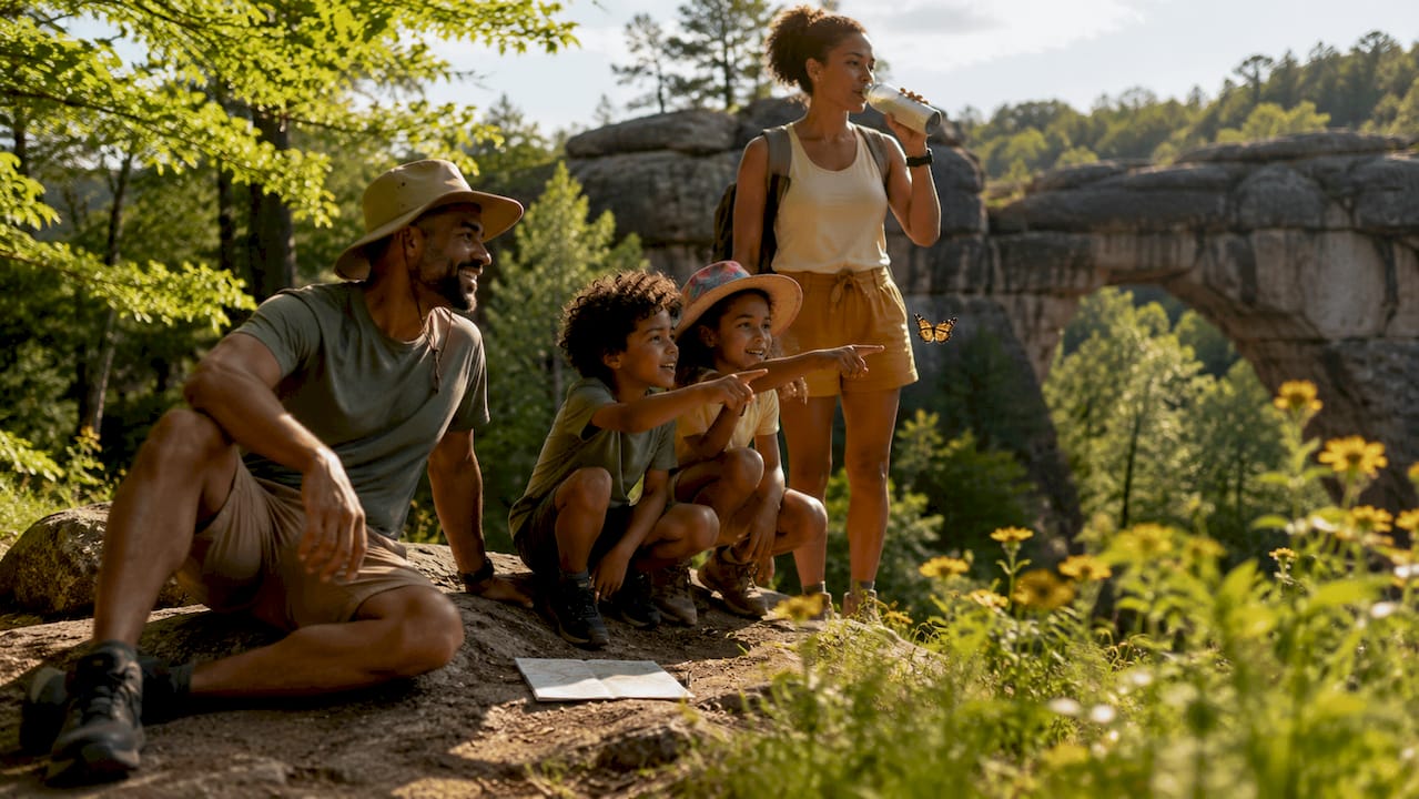 Family hiking on forest trail at Kentucky Gorge