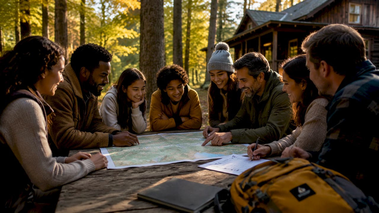 Group planning cabin trip inside rustic cabin