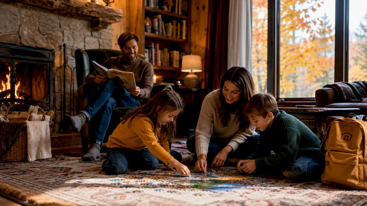 Family cooking dinner together in cabin kitchen