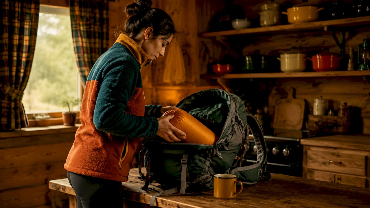 Woman packing backpack inside cozy cabin
