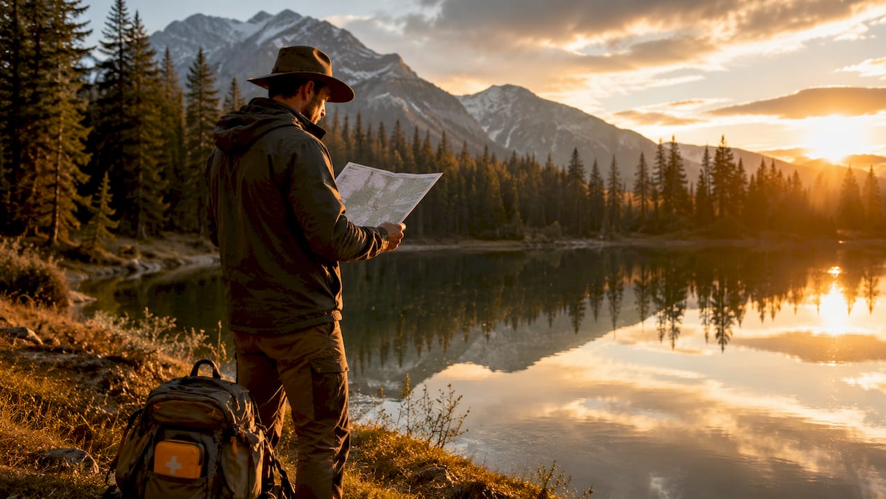 Hiker checking GPS device by forest trail